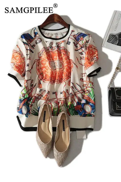 Printed Chiffon O-Neck Tee