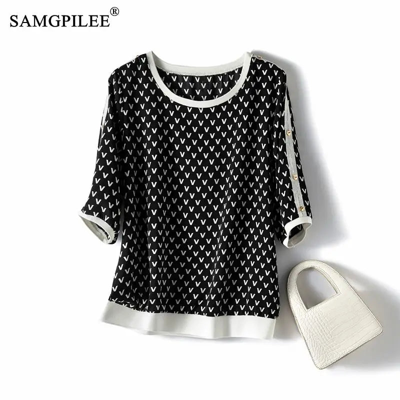 Geometric Chiffon Button Tee