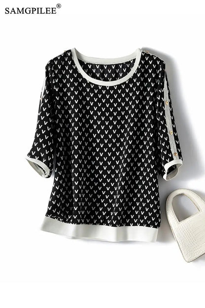 Geometric Chiffon Button Tee