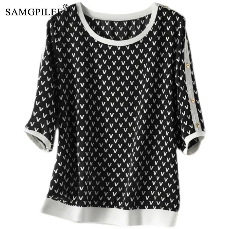 Geometric Chiffon Button Tee